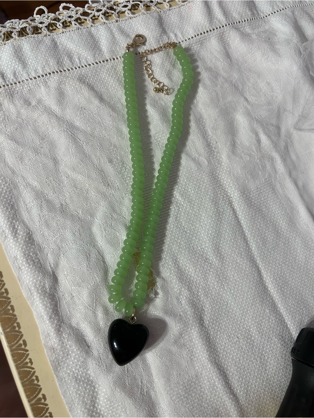 Lisa Says Gah Green Beaded Necklace with Black Heart Pendant